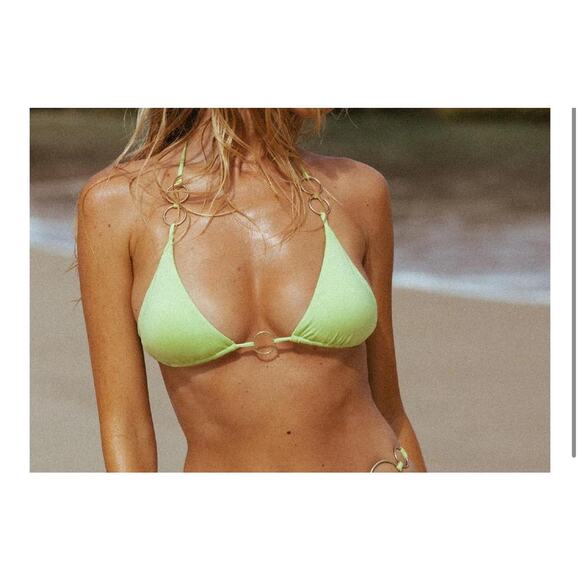 Monica Hensen Green Triangle Bikini Top w/Gold Rings Small - Picture 2 of 2